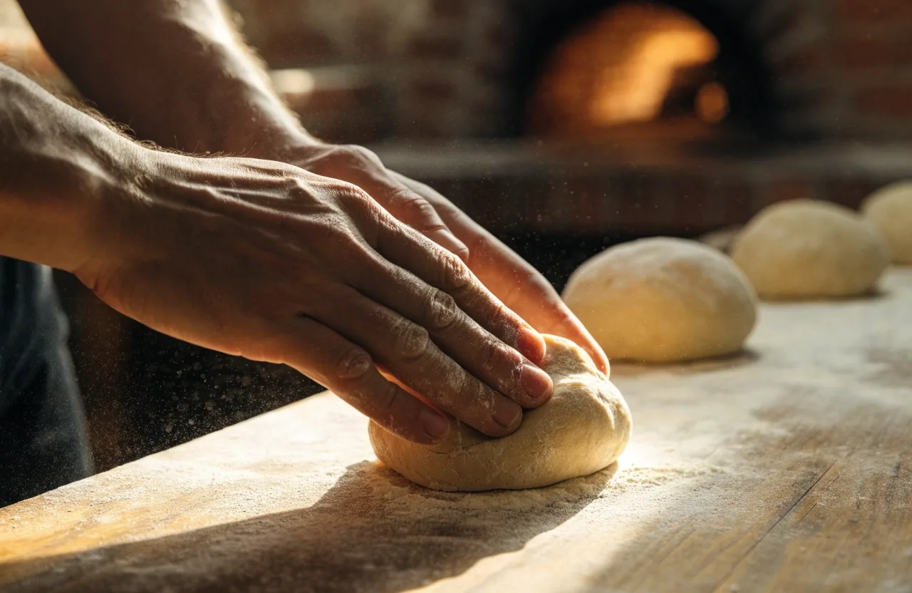 Baker's hands stretching pizza dough on a floured bench