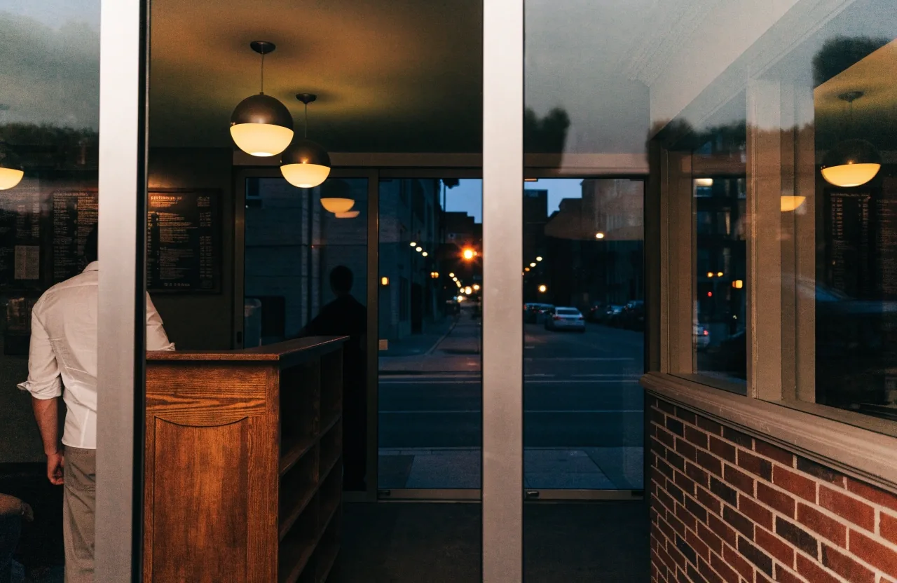 Carryout counter handing a boxed pizza to a guest at dusk