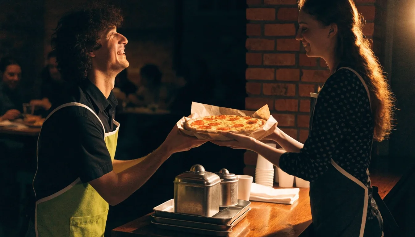 Thin-crust Dewey's pizza on the pass under warm night light