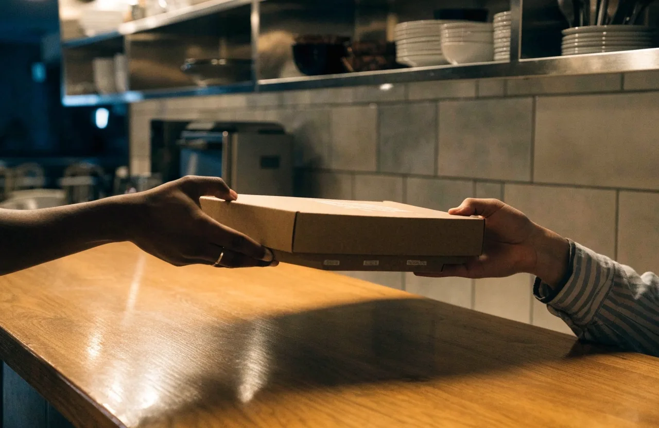 Carryout counter handing over a pizza box