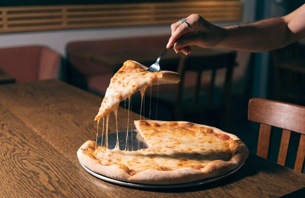 A slice being lifted from a thin-crust pizza in warm kitchen light