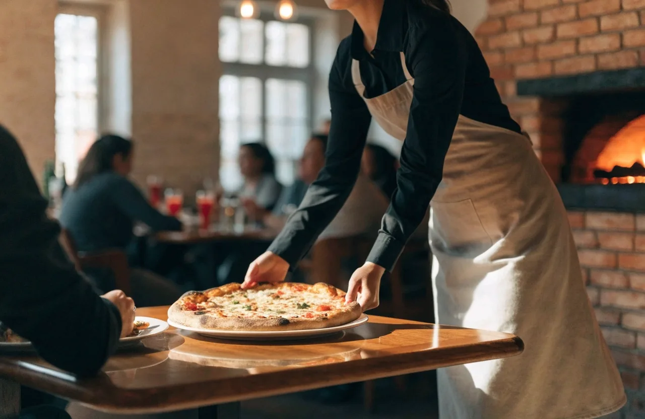 Whole thin-crust pizza photographed on stone paper in daylight
