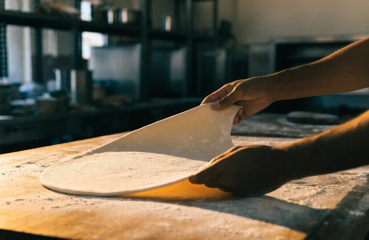 Hands stretching thin pizza dough on a floured workbench