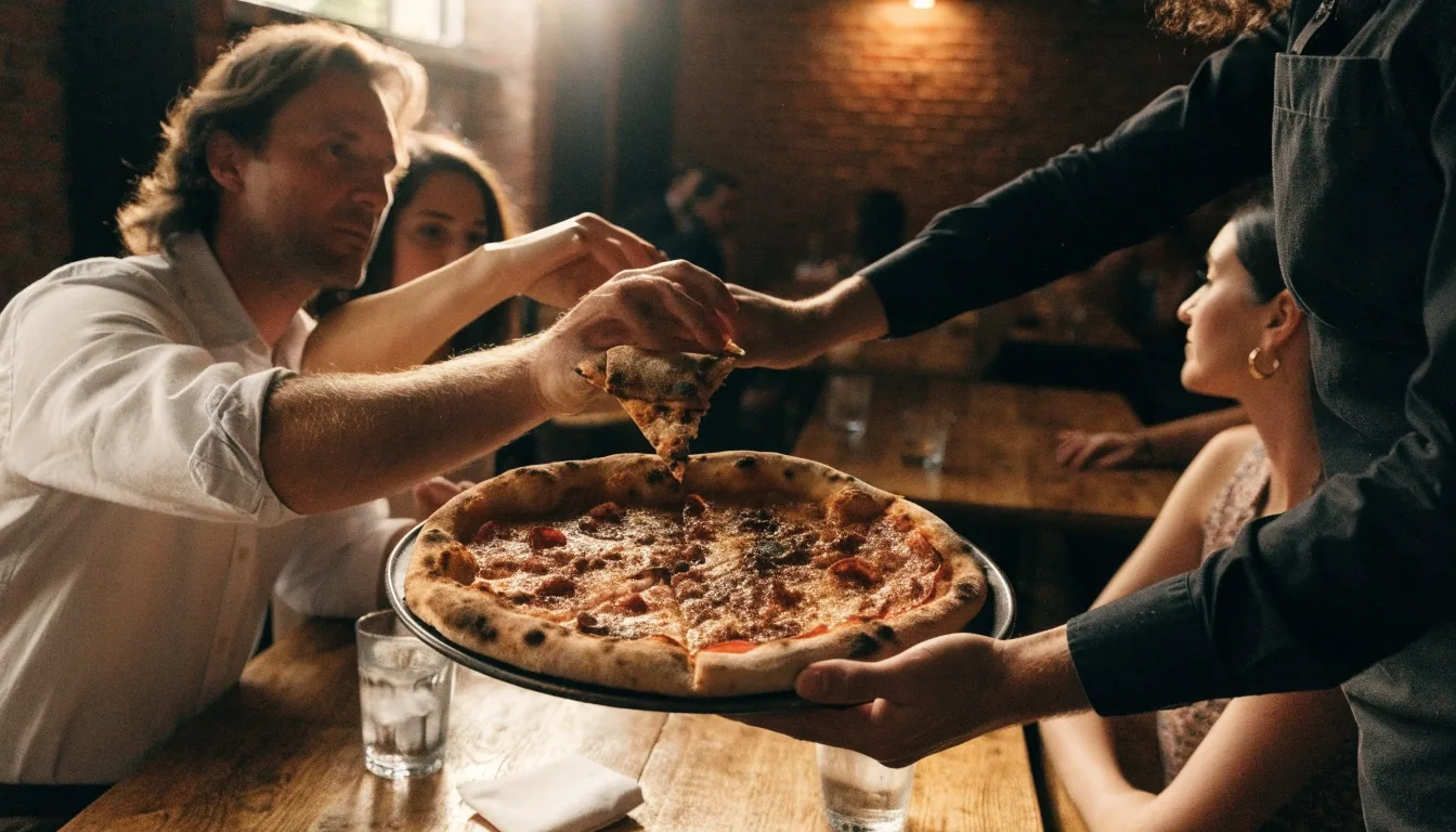 Whole thin-crust pizza on stone paper with a slice being lifted