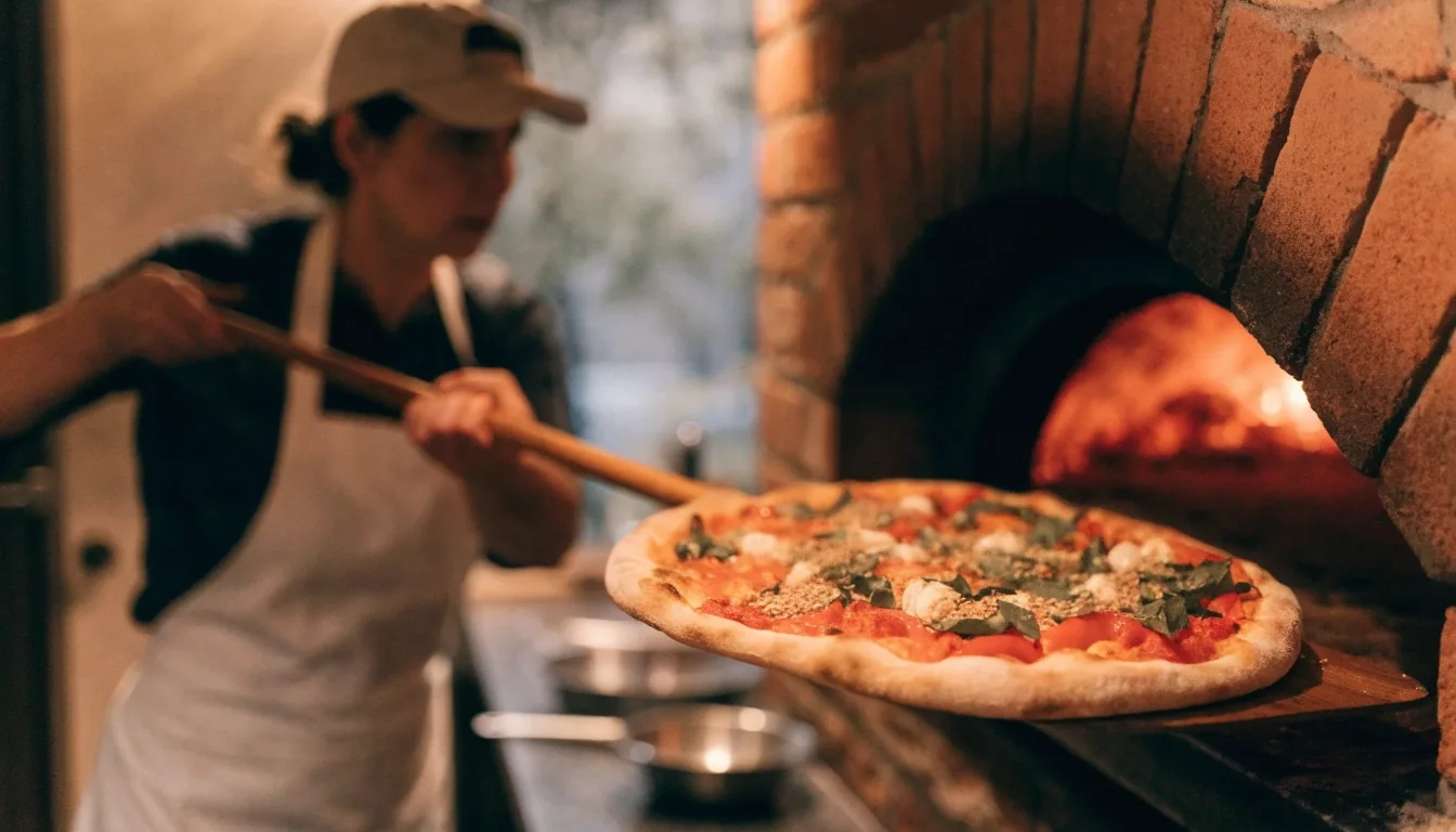 Hand lifting a slice of harvest pizza in warm kitchen light