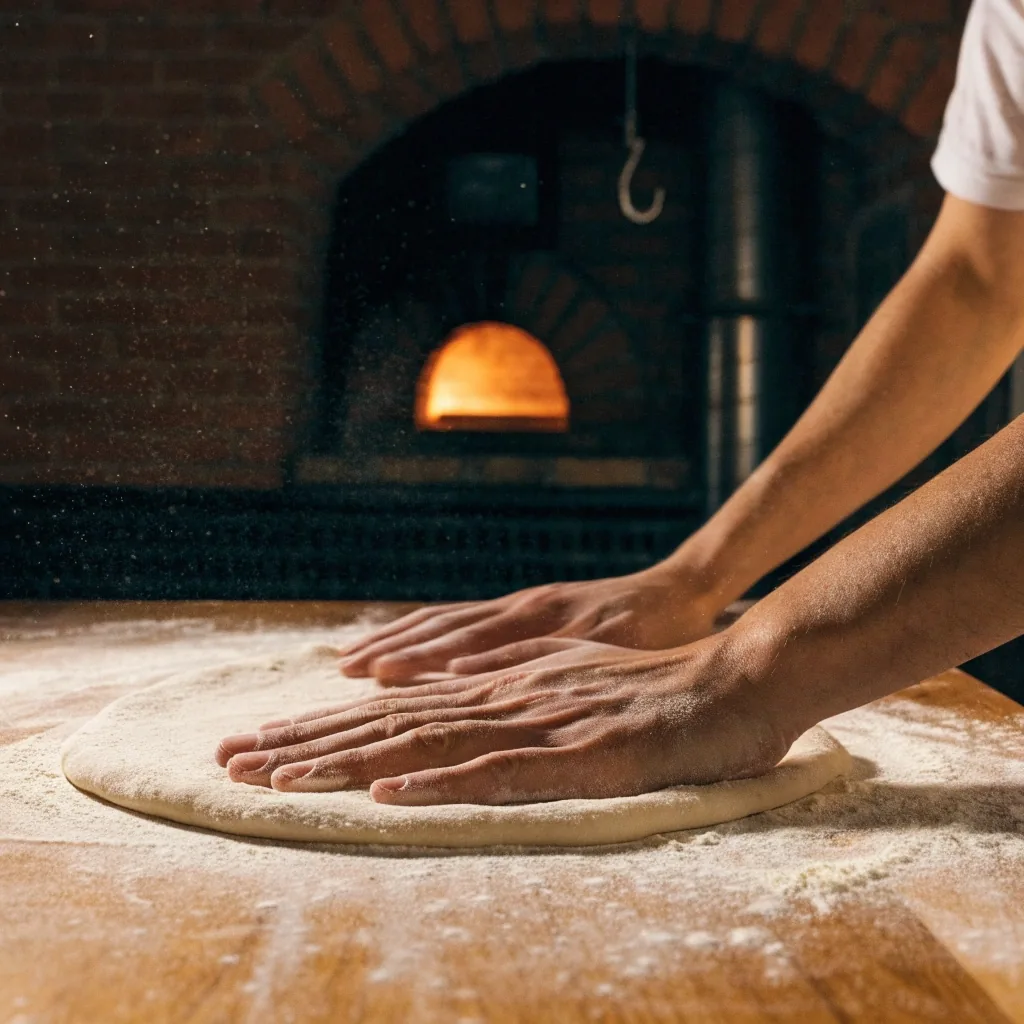 Hands pressing fresh pizza dough on a floured counter