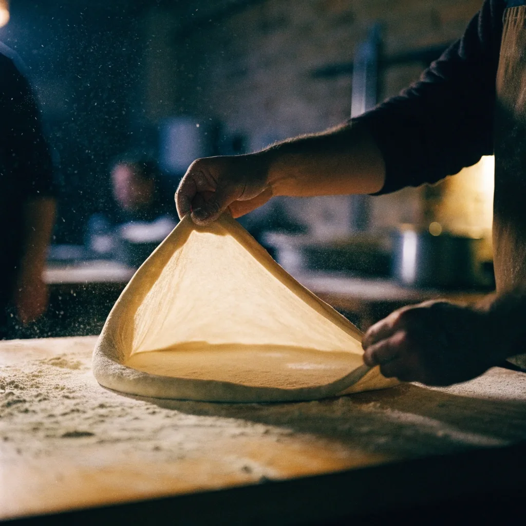 Hands stretching pizza dough on a flour dusted workbench at night
