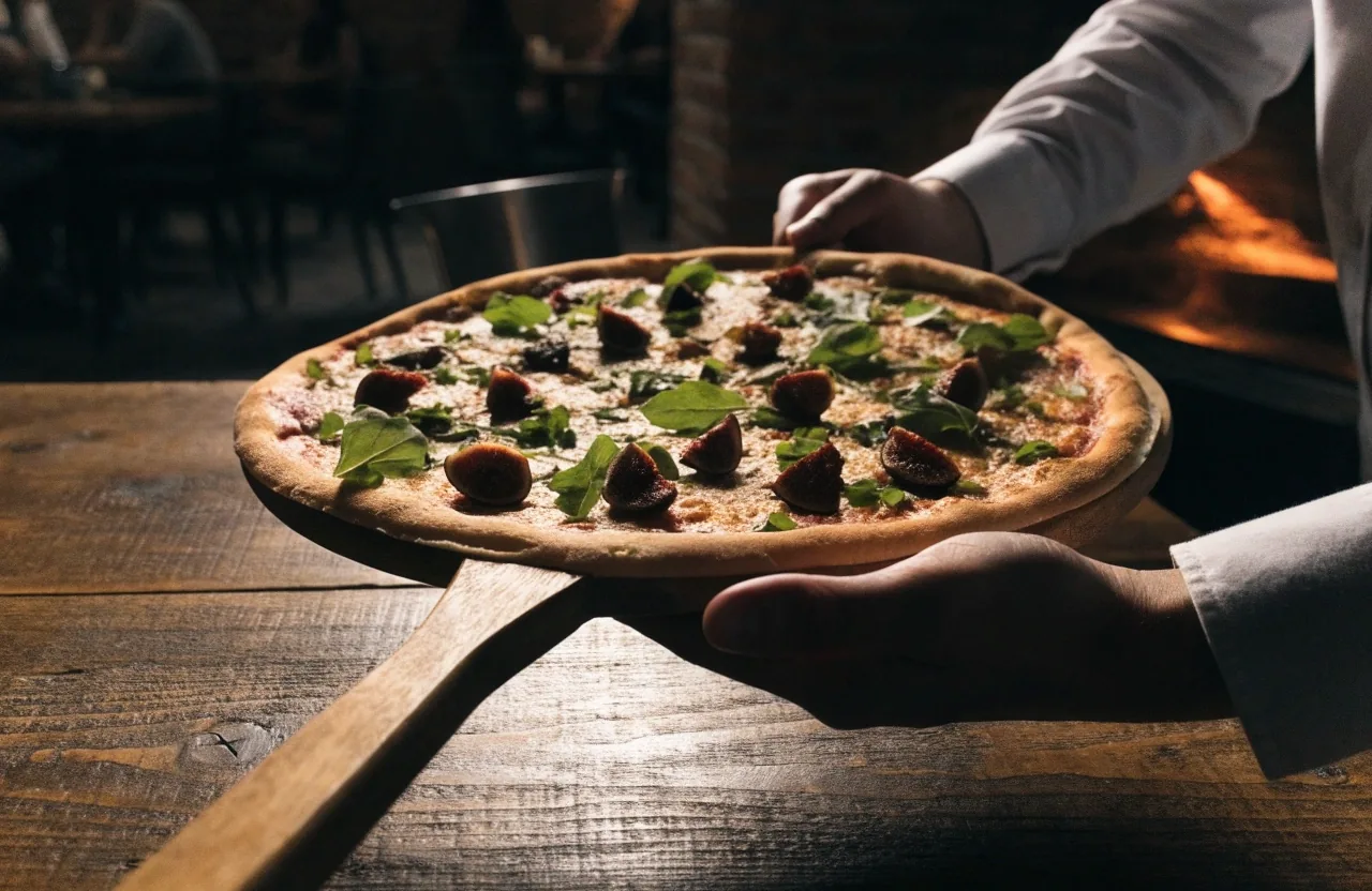 Whole harvest pizza with greens and figs on stone paper