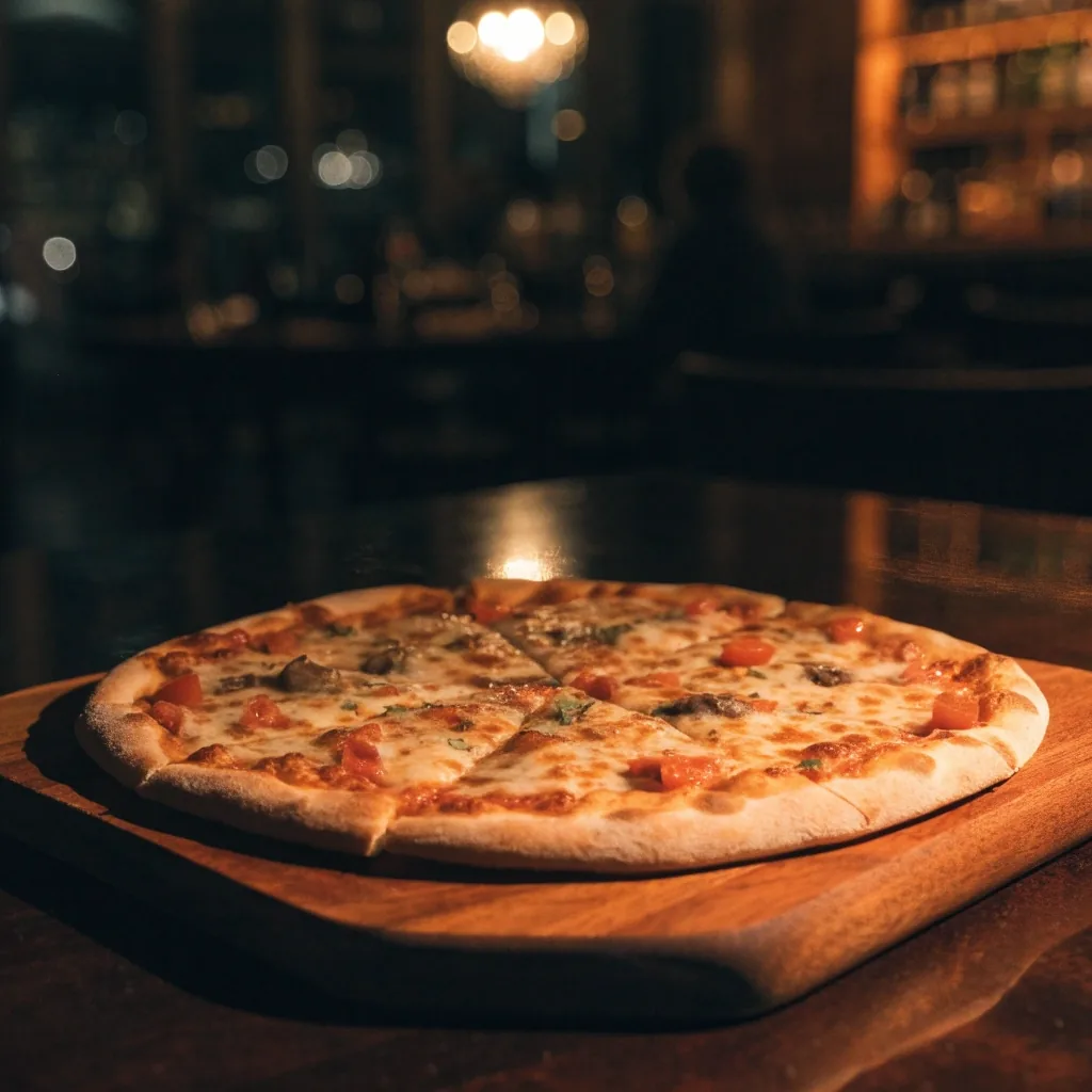 Fresh thin-crust pizza on the pass at Dewey's Pizza at night