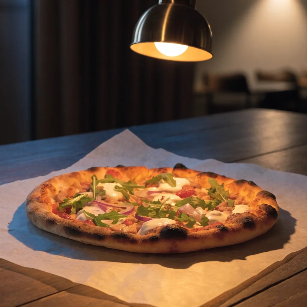 Whole thin-crust pizza photographed on stone paper
