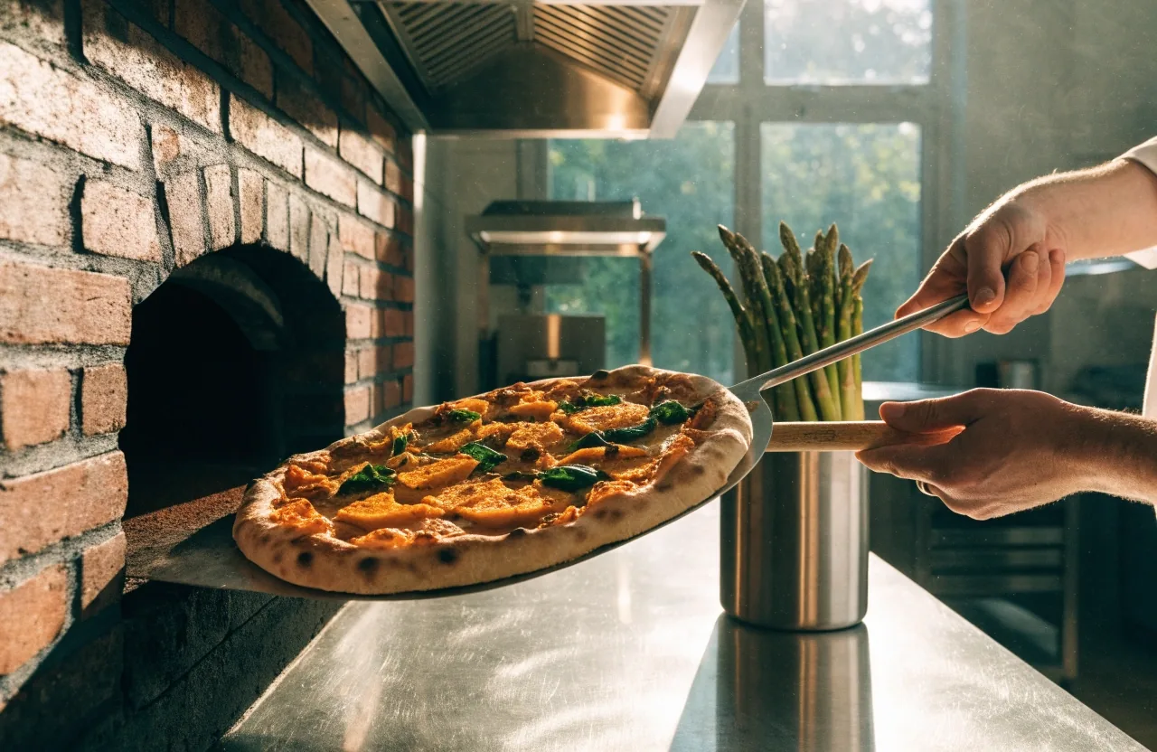 Autumn pumpkin-style thin-crust pizza on stone paper