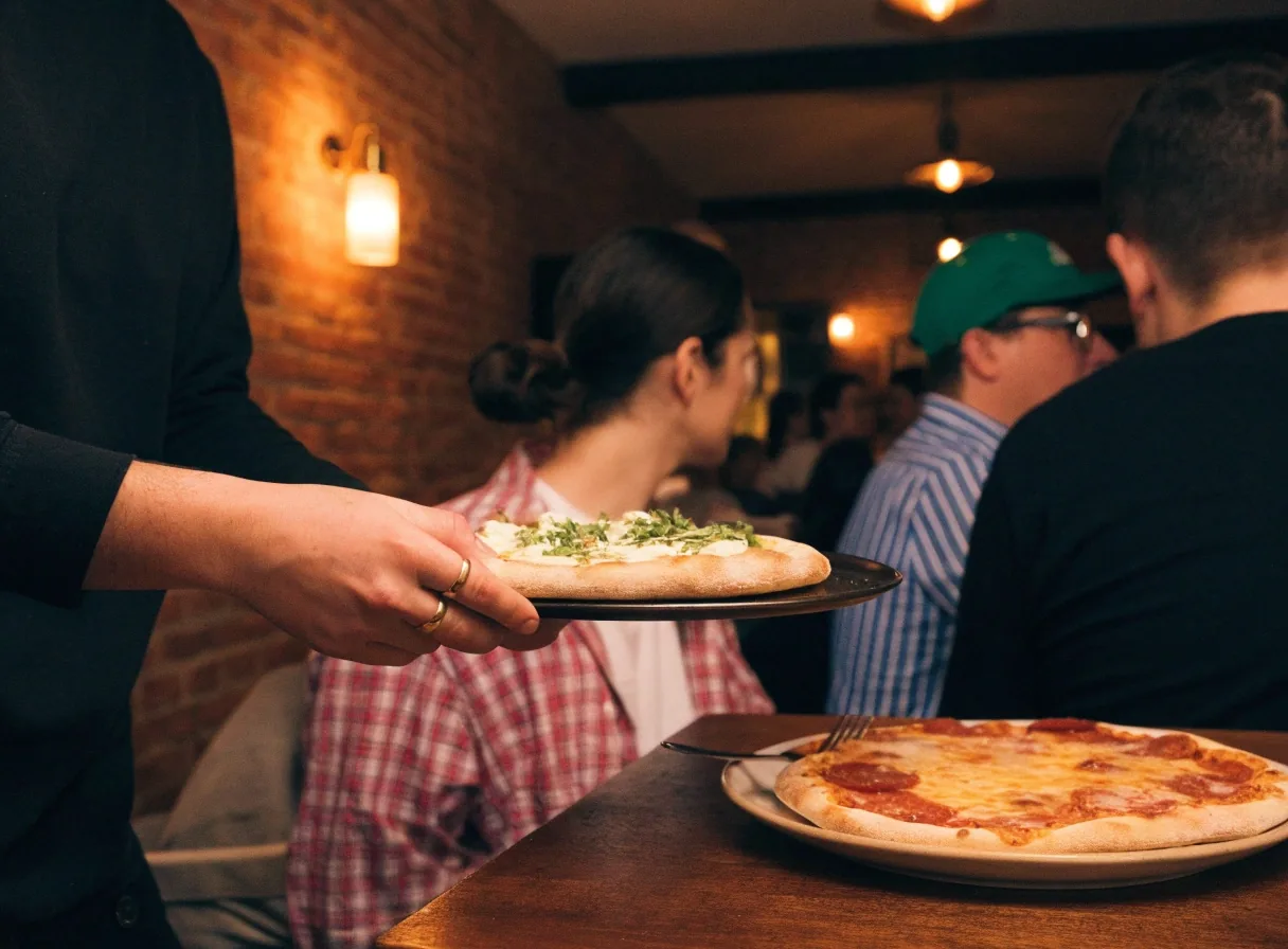Group sharing seasonal and classic pizzas at a Dewey's table
