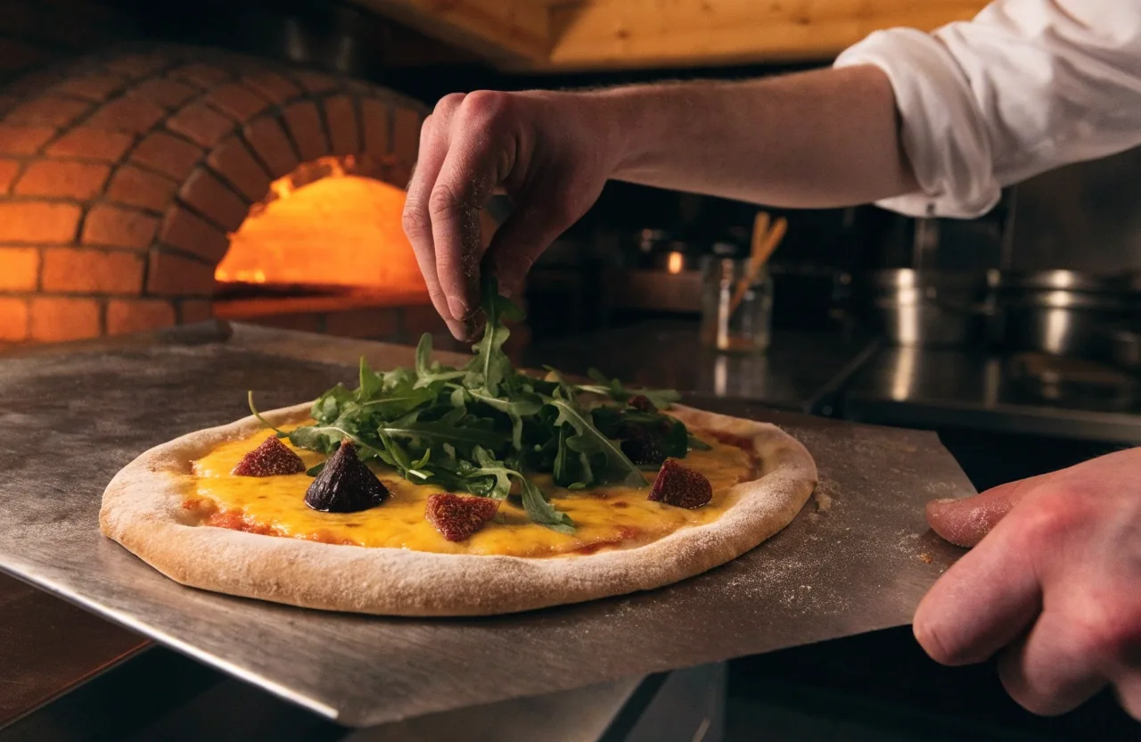 Harvest seasonal pizza with greens, figs and cheese being lifted