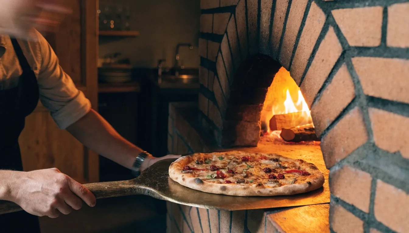 Seasonal thin-crust pizza slice lifted on the pass at Dewey's Pizza