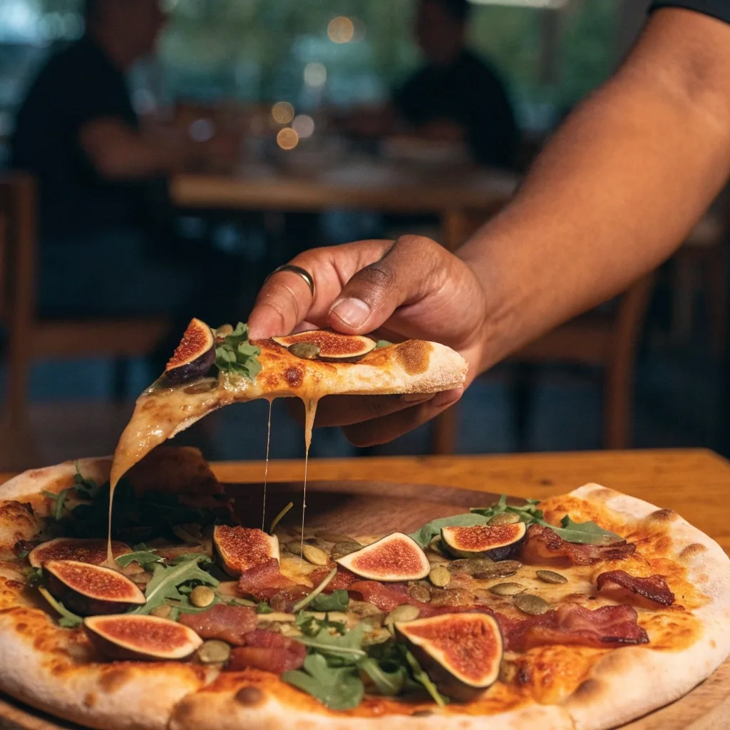 Hand lifting a slice of harvest-style seasonal pizza