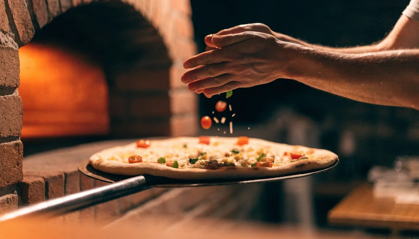 Thin-crust specialty pizza being cut on the pass at night