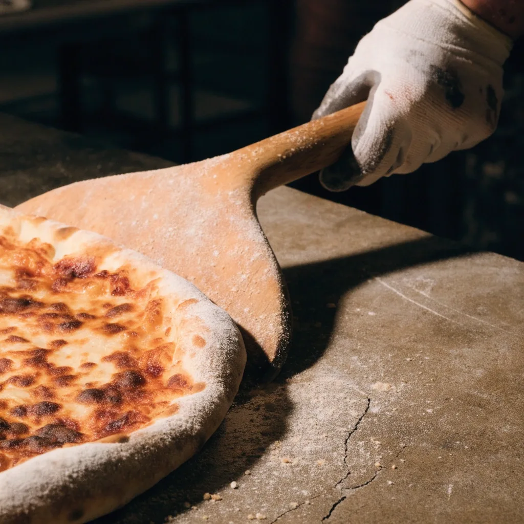 Thin crust edge with char on a wooden peel
