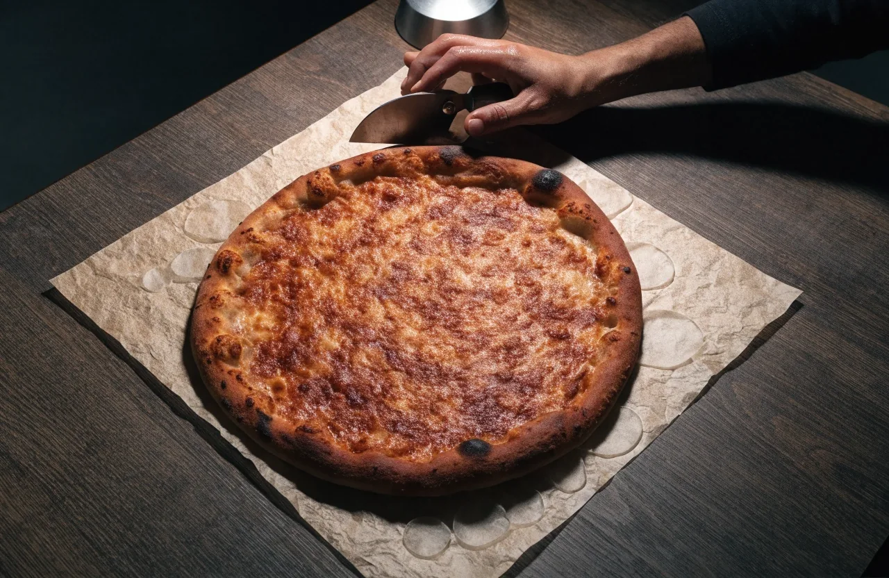 Whole specialty pizza on stone paper under workbench light