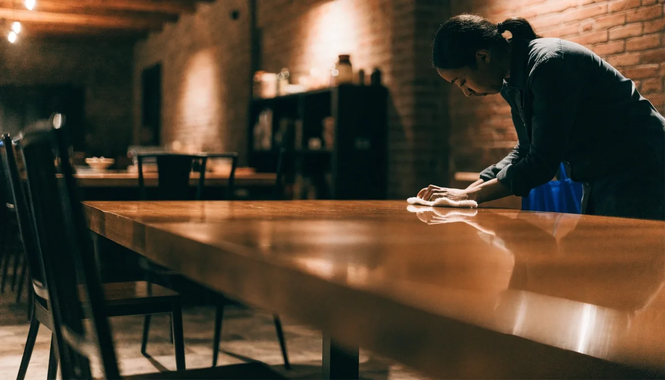 Quiet dining room of a casual pizzeria after service